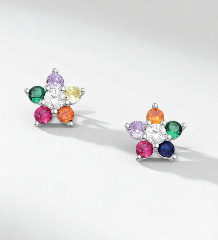 Cercei din argint 925 Sterling, cu inchidere Push-Back, decorati cu pietre colorate, model Floare, 1.4g