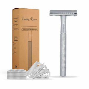 Aparat de ras clasic din otel inoxidabil Safety Razor Matte Silver si set de 20 lame - FIXXIA-17954324687