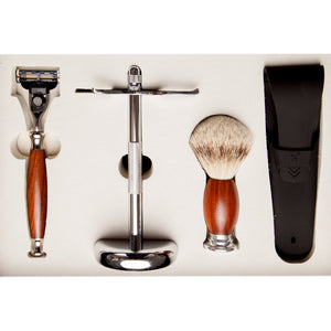 Set cadou barbierit cu Safety Razor, 3 lame, mahon, Aparat de ras clasic, Best Seller, Cadou pentru el, Model_Aparat de ras cu 3 lame, WBTTNRS01-MAHON