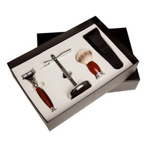 Set cadou barbierit cu Safety Razor, 3 lame, mahon, Aparat de ras clasic, Best Seller, Cadou pentru el, Model_Aparat de ras cu 3 lame, WBTTNRS01-MAHON